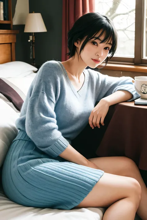 (High Definition), Lady, Japan Person, Cute, Black Hair Short, wearing Knit, Cross Check Long Skirt Blue, Trad Style For Female,  Glance, Leaning some cushions,  At Hotel Bed Room, A Cup of Coffee & Some Books on a Table, Key Light, winter Snow Woods windo...