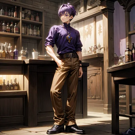 Solo character, full body version,  boy, purple eyes, purple color hair, undercut hair, black shirt, brown jeans pants, shoes, belt, indoor, bar, town, medieval, standing gesture, detailed background, detailed clothing, detailed hair,(solo laveling style a...