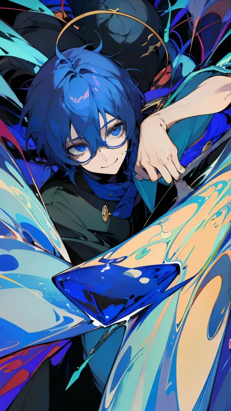 male, round glasses, cool series, lapis lazuli,smile,horror 