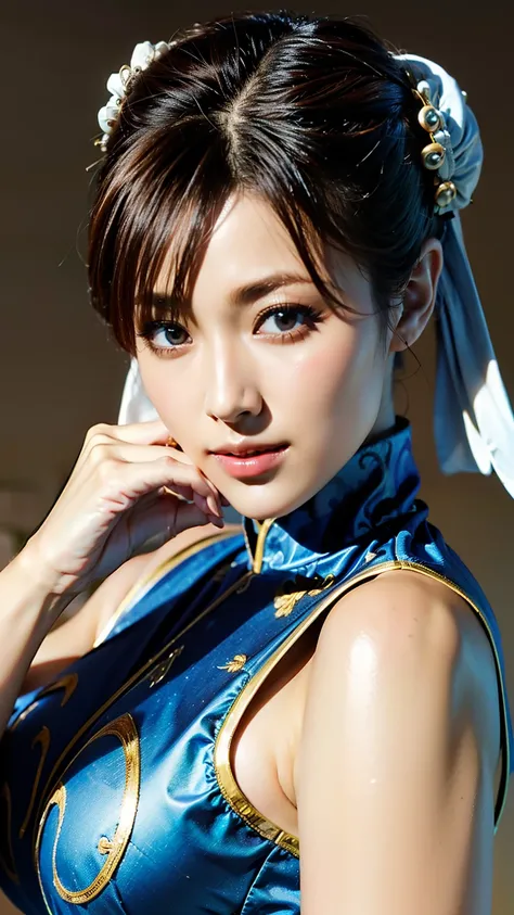 (((  carefully depicts hands and feet based on perfect anatomy  ))),《  street fight II  》Describe Chunli beautifully,(((A perfect Chun-Li costume))),((( Gorgeous Chinese dress with gold embroidery on blue satin fabric 8k ))), top quality, high res,Appearan...