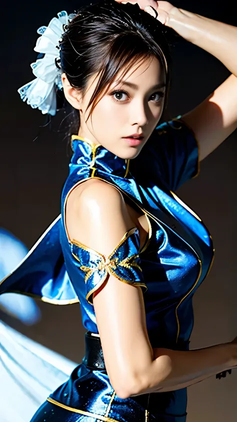 《  street fight II  》Chunli,Perfect Chunli Costume,  blue and gold Chinese dress  ,Cultural Festival,Good cover,  a nice body with a tight waist and attractive hips like a Coca Cola bottle, black tights and boots lace up , Saturn Stance ,high kick,  stretc...