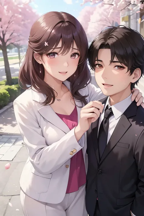(( woman and teenage boy ,     mother and son))、      high definition    ,  (    beautiful brown eyes、Shining eyes fine grain)、smile、超fine grain、   とても  beautiful顔 , Very fine grain, cowboy shot、   Woman in her 40s   、 teenage boy in school uniform, Like, ...