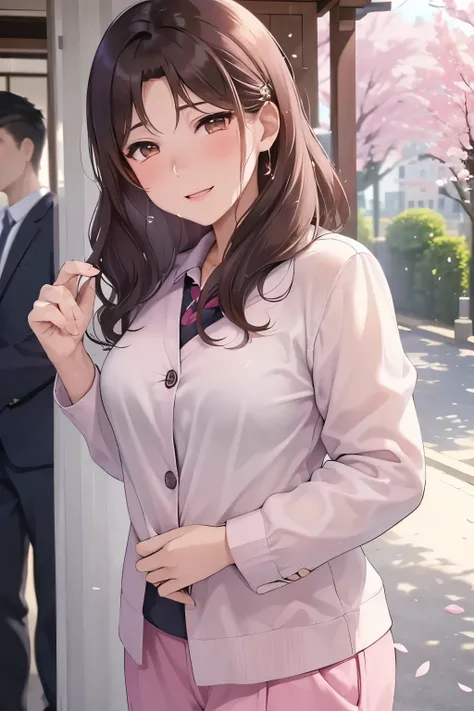(( woman and age boy ,     mother and son))、      high definition    ,  (    beautiful brown eyes、Shining eyes fine grain)、smile、超fine grain、   とても  beautiful顔 , Very fine grain, cowboy shot、   Woman in her 40s   、 age boy in school uniform, Like,     Scho...