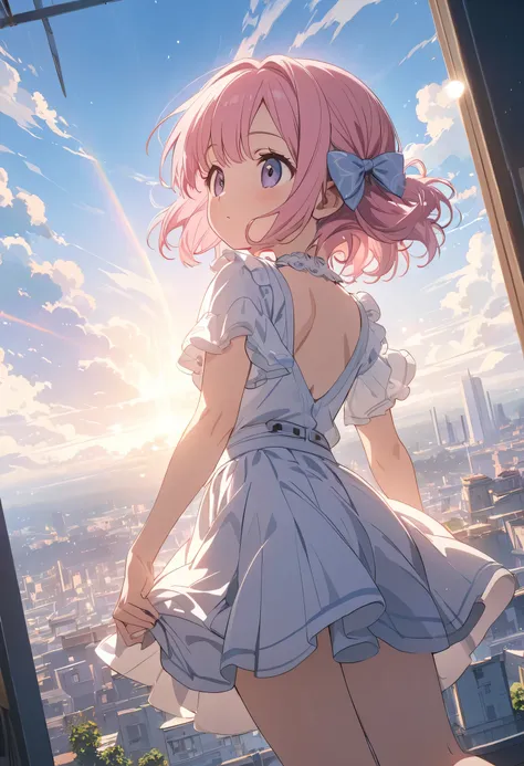((from behind)), back view、From the rear、 gaze into the distance、 Dutch Angle Looking Up at the Sky、 low angle、((fullbody)), Source Anime, (Masterpiece), (Best Quality)), (Very Detailed), ((Cute)), (Amazing), (Detailed)), 4K, (8k), Highest Quality , (bea...