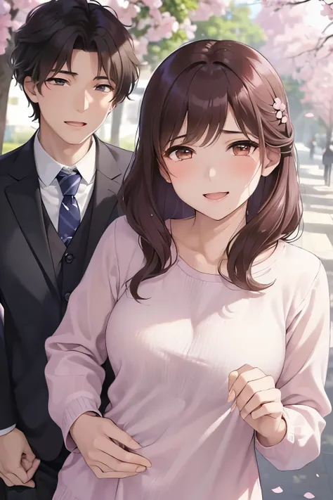 (( woman and age boy ,     mother and son))、      high definition    ,  (    beautiful brown eyes、Shining eyes fine grain)、smile、超fine grain、   とても  beautiful顔 , Very fine grain, cowboy shot、   Woman in her 40s   、age boy in school uniform, Like,     Schoo...