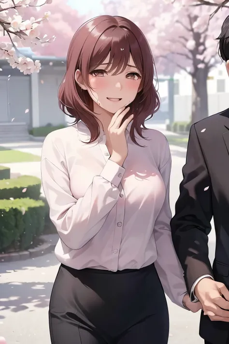 ((Woman and  boy ,     mother and son))、      high definition    ,  (    beautiful brown eyes、Shining eyes fine grain)、smile、超fine grain、   とても  beautiful顔 , Very fine grain, cowboy shot、   Woman in her 40s   、  boy in school uniform, Like,     School Grad...