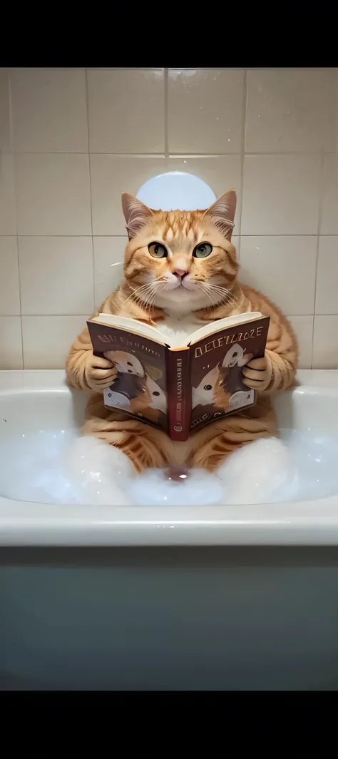 Chubby orange cat in a bathtub reading a book and wine next door and a cat too 