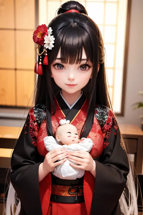   Cute Japanese doll close-up  ,  Bright red and black robes ,   .   Carefully Designed  ,   anime-style 3D design showing every line of her red kimono ,   Even in 8K HD   , Render in 3D,    shows the most detailed Japanese art form in CGStation  ,   using...