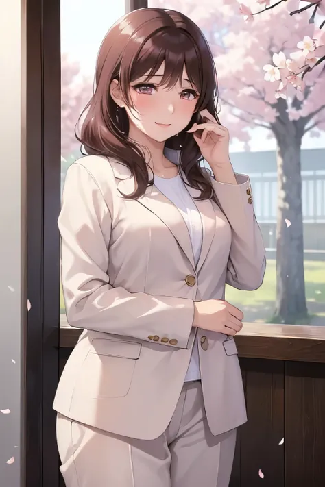 ((Woman and  14s boy ,     mother and son))、      high definition    ,  (    beautiful brown eyes、Shining eyes fine grain)、smile、超fine grain、   とても  beautiful顔 , Very fine grain, cowboy shot、   Woman in her 40s   、  14s boy wearing japanese school uniform ...