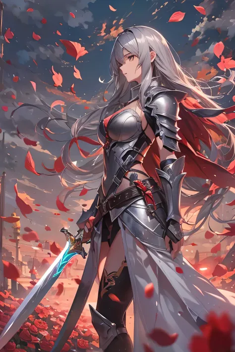  On a field illuminated by twilight ,  a warrior and a warrior face each other with intensity . ele, } with silver armor and an immense sword with a shiny blade, Look with determination . she,  with dark armor and red details ,  wield an equally large swor...