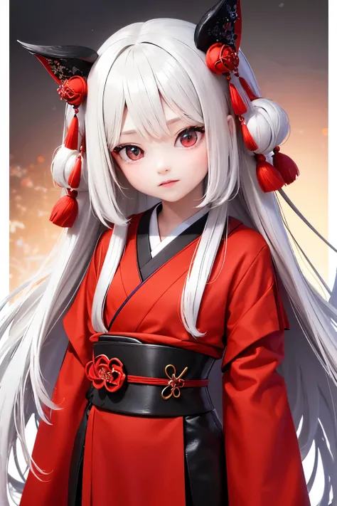   Cute Japanese doll close-up  ,  Bright red and black robes ,   .   Carefully Designed  ,   anime-style 3D design showing every line of her red kimono ,   Even in 8K HD   , Render in 3D,    shows the most detailed Japanese art form in CGStation  ,   using...