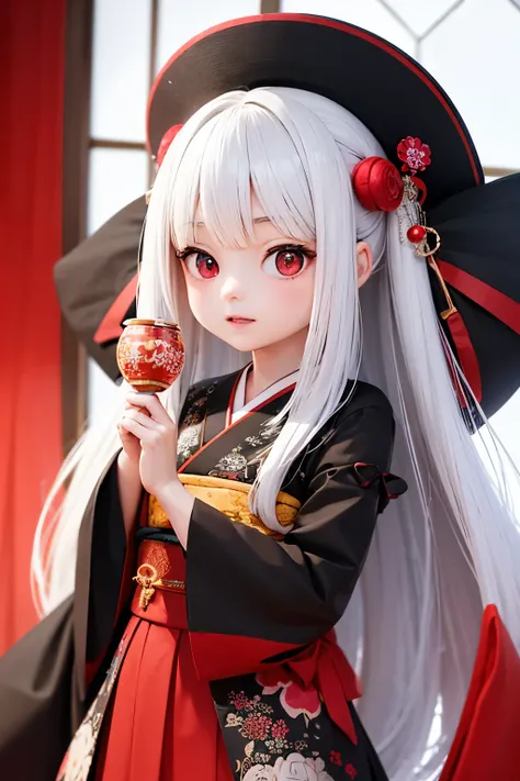   Cute Japanese doll close-up  ,  Bright red and black robes ,   .   Carefully Designed  ,   anime-style 3D design showing every line of her red kimono ,   Even in 8K HD   , Render in 3D,    shows the most detailed Japanese art form in CGStation  ,   using...