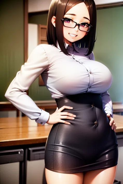 1Woman, teacher, brown hair, medium hair, forehead, big eyes, black hair, slender, busty, dress shirt, skirt, glasses, school, grin, Hands on Hips