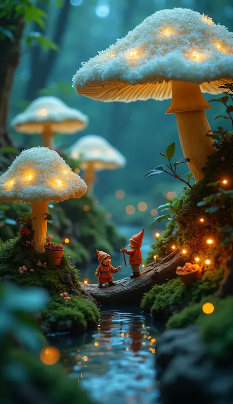 
Deep in an enchanted forest, a hidden city of tiny glowing gnomes thrives inside colossal, crystalline mushrooms. The scene is breathtaking: intricate streets wind through bioluminescent fungi, while gnome merchants trade magical gemstones at a floating m...