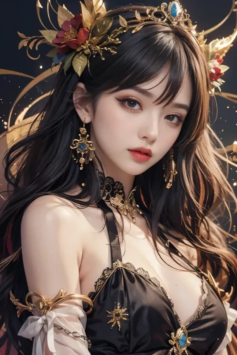  Best quality, masterpiece, ((Ultra-fine high resolution)), (Reality: 1.4), original image, influence, 1 woman, eyes looking at the camera, (Solo exhibition: 1.2), (Cowboy [Lens: 1.2 ], (hair crown: 1.2), Dunhuang traditional clothing, China, off-shoulder,...