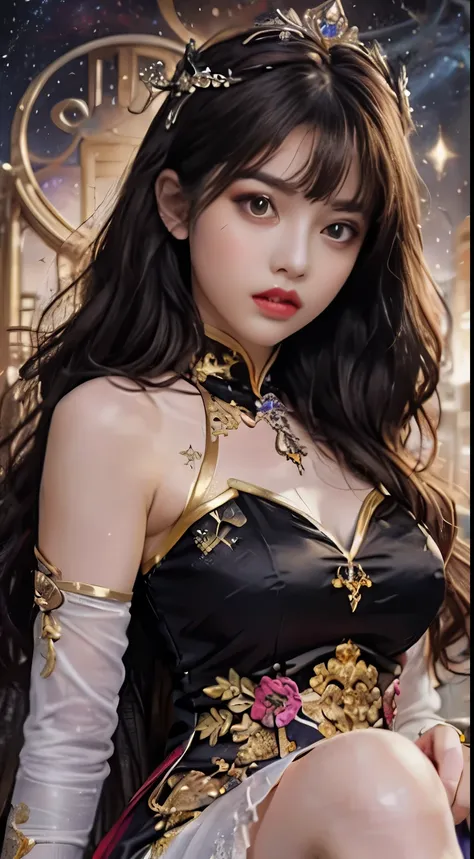 1 27-year-old girl, 1 zodiac goddess from the future, goddess of the pink and purple 12 zodiacs, the goddess of the zodiac in a yellow ao dai, a 12 zodiac ao dai with many black lace detail, mythology Goddess of the 12 zodiacs from the future, zodiac ♏, lu...