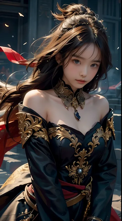 Realistic interpretation of Eunwol from MapleStory: A young adult Asian woman with long, flowing black hair and piercing violet eyes. She wears a sleek, form-fitting black bodysuit with dark red accents and intricate golden embroidery. Over this, she dons ...