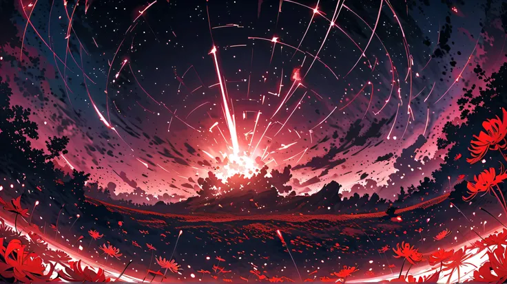 Monochrome, masterpiece, Concept Art, panoramic, In the Center, number, Wide Angle, garden, night, (meteor), space galaxy background, (Excellent composition, Epic proportions), dynamic lighting, bright colors, red spider lilies