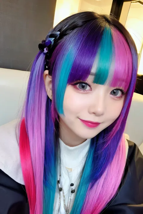 high quality:1.3, realistic、 high res, realistic、8k、16k、 Masterpiece:1.4, Details.Impressive、Alone、Relax on the sofa、 cutting-edge photo portrait of a woman、 smiles、Expression of happiness、The way you look at someone you love、 grey、Cyan, and purple, ((...