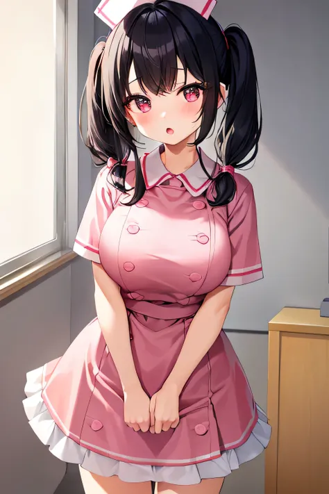  Masterpiece、 Max Image Quality、 super high resolution、A Very petite, very short stature, very young kindergarten girl with big breasts、twin tail hairstyle、black hair、Red face、shyly、open your mouth just a little、short-sleeved pink pink nurse uniform for ve...