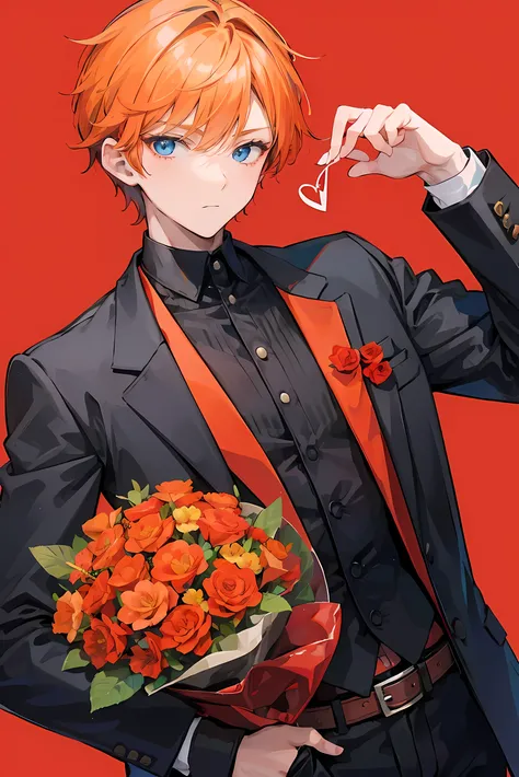 Young boy, orange short hair, blue eyes, handsome boy, cool boy, bad boy, slang, with bouqet flower, red black clothes, background valentine, giving flower, valentine theme