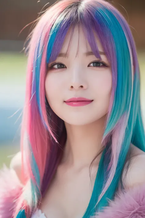  high quality:1.3,  realistic、 high res,  realistic、8k、16k、 Masterpiece:1.4,  Details.Impressive、Alone、 cutting-edge photo portrait of a woman、Expression of happiness、The way you look at someone you love、 grey、Cyan, and purple, (( her colorful hair is gath...