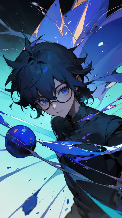 male, round glasses, cool series, lapis lazuli,smile,horror ,universe