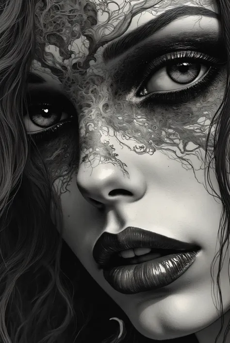 hyperrealistic porcelain texture, dramatic black eyeshadow, dark surreal aesthetic, gothic dreamlike atmosphere, smooth skin, artistic haunting style.
The textures are finely detailed, from the smoothness of her skin to the softness of her hair, The artwor...