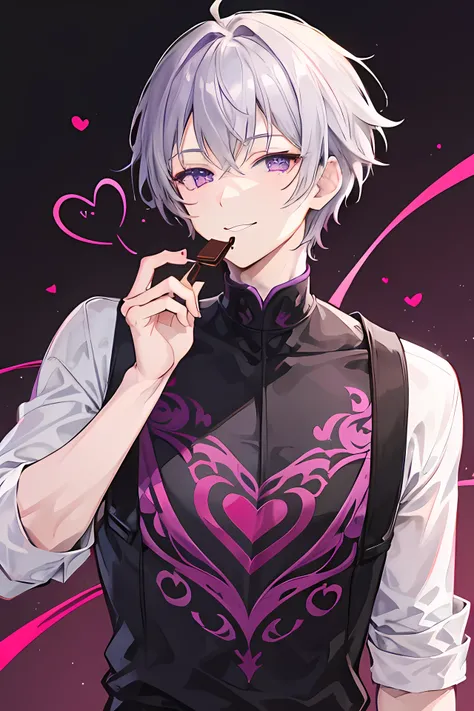  Young man, grey short hair, purple eyes, black red clothes male, handsome man, cool boy, valentine background, smile face, smile face, eating chocolate