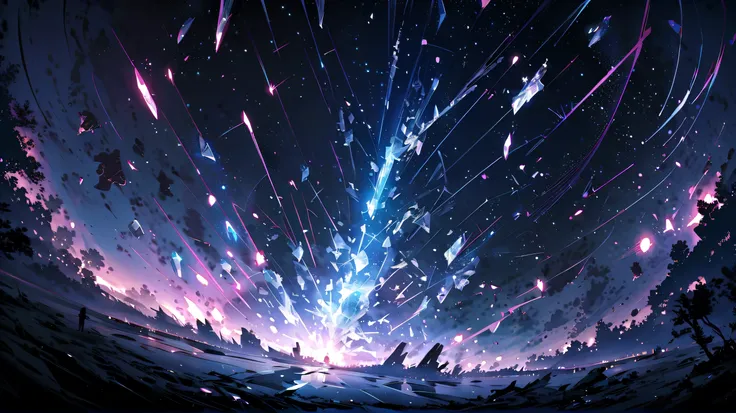 Monochrome, masterpiece, Concept Art, panoramic, In the Center, number, Wide Angle, night, (meteor), space galaxy background, (Excellent composition, Epic proportions), dynamic lighting, bright colors, prism, space crystals, crystal lighting