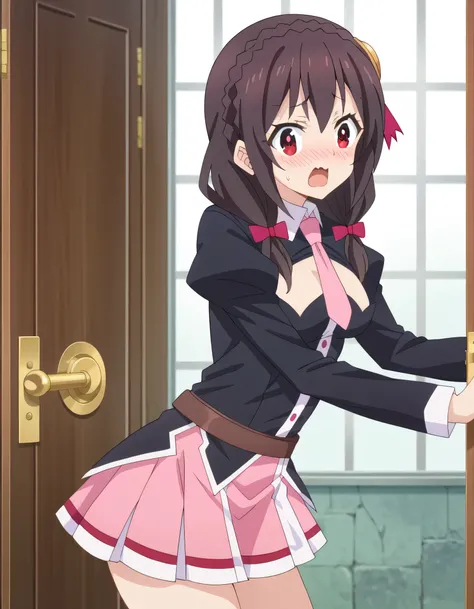  high definition, high quality、 
Yunyun、  black hair,  hair accessories ,  red eyes, ,  braided, crown  braided,
 skirt,  thighs,  Long Sleeve,  tie,   Outfit Cutout,  clevage cutout , pink  tie、 view viewer、(blush)、(Looks freaked out )、 opening the door a...