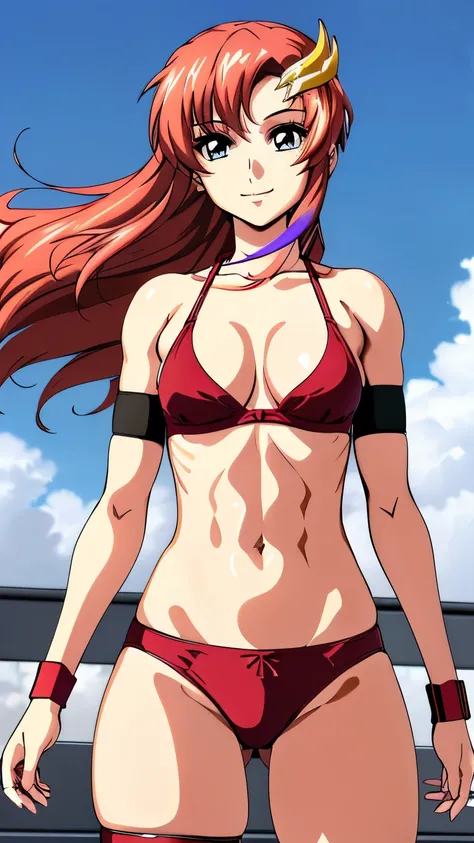 lacus4, (red bikini:1.5), (running, thong, (tall girl:1.5), (toned biceps:1.5), (upper body:1.2), (hair details:1.7), (face details:1.1), masterpiece, cowboy shot, very slim shoulders, 4K, (Best Quality:1.2), Anime style: 1.9, happy, Adult Woman, (ultra de...