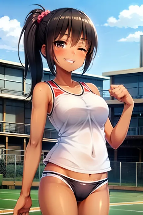 Girl, (tanned skin:1.4), black hair, pony tail, big eyes, black eyes, athletic, medium breasts, track and field uniform, school, smile, one eye closed