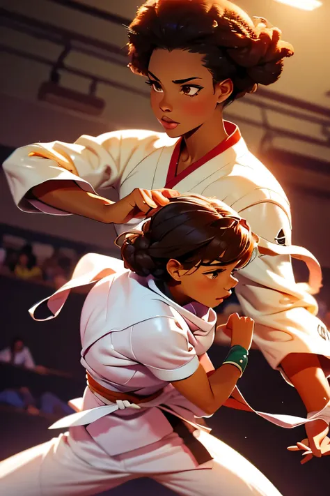 Photo  . Judo tournament . Two girls fight  .  Beautiful black young mulatto girl  .. She is from Brazil  . 20 years .  brunette , afro hairstyle  . brown eyes eyes . She is wearing judogi  ,  fights against another girl in judogi  . 