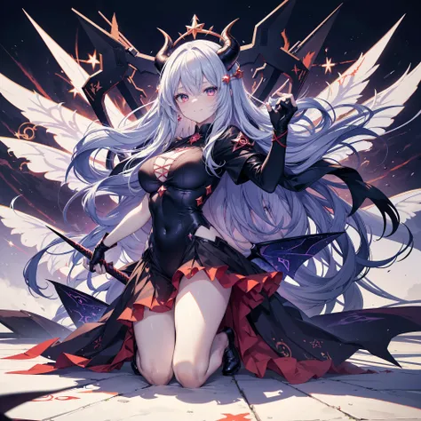 Masterpiece, best quality, ultra-detailed, anime style, full body of Chaos Demon girl, like smoke and shadow given form, giant horn and giant wing, shadow sword and shadow claw, supernatural Lightning and flame, ((Eight-pointed star symbol)), trending art ...