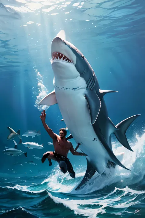 Picture of a shark and a man floating in the ocean , Detailed painting 4k, Highly detailed oil painting, High Definition 4K Painting , spectacular oil painting, High Definition Oil Painting,  sharp high definition artwork, Very exquisite oil painting, deta...