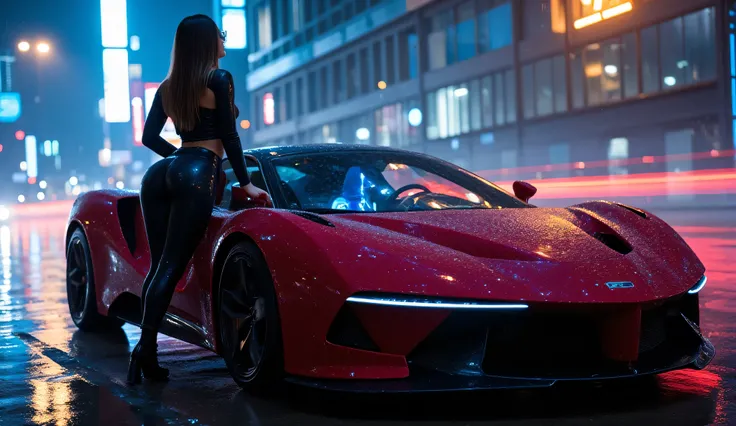 stunning woman in a futuristic black leather outfit leans against a sleek neon-lit sports car at midnight. The city skyline glows behind her as she revs the engine, driving through a rain-soaked cyberpunk world. Lights blur, holograms reflect on the windsh...