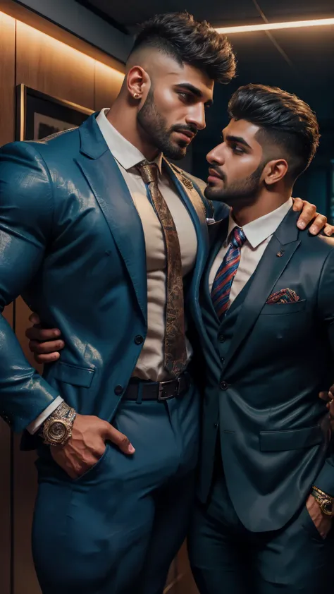 Indian latino Gay couple mouth to mouth kissing in car, wearing a strict business suit, muscular men, business men, gay, tall handsome guys, sexy masculine, well dressed, gentleman, wearing suits!, dressed in a suit, three futuristic princes,Realistic, ((M...