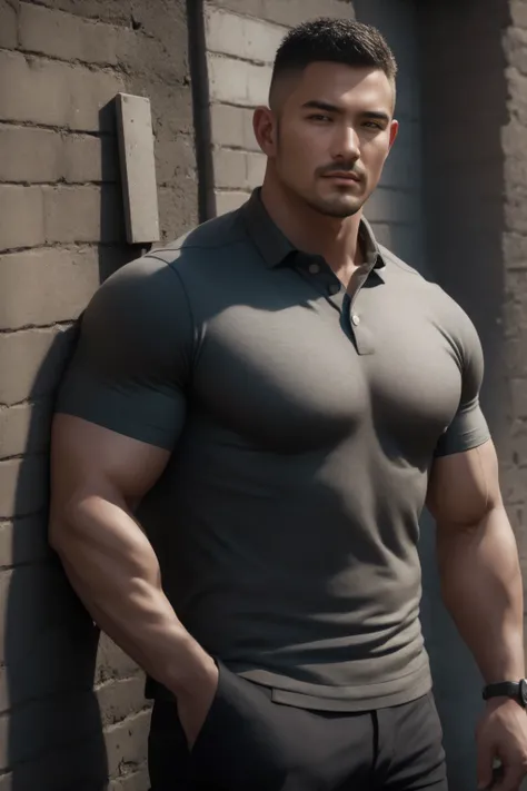 1个 Muscular man,  buzz cut， Ruins in an abandoned city shining in the open sun， leaning against a dirty wall ， Wear a charcoal grey branded polo shirt ,  high-grade quality fabric, low-key, luxurious style ，He's dirty ，He has a sad expression， Lift your ch...