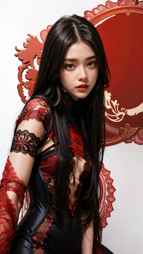    Supreme Masterpiece, looks like an adult, red arm cover with ribbon, Straight Long Hair ,Adult Girl ,(( tight wear :1.3)),((black fine lace costume on red background :1.4)),4K Hi-Def  