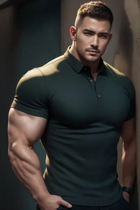 1个 Muscular man,  buzz cut， Ruins in an abandoned city shining in the open sun， leaning against a dirty wall ， Ruins in an abandoned city shining in the open sun while wearing a branded Polo shirt ,  high-grade quality fabric, low-key, luxurious style ，He ...