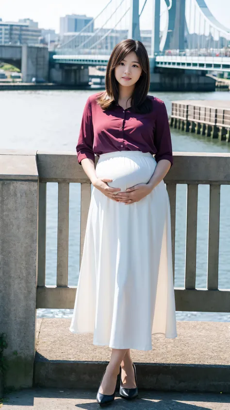 masterpiece, Best Quality, 8K,looking at the viewer,Japanese Lady,20 years old, huge pregnant, Voluptuous, bridge background, smock shirt, midi skirt, shoulder length hairstyle, sitting 