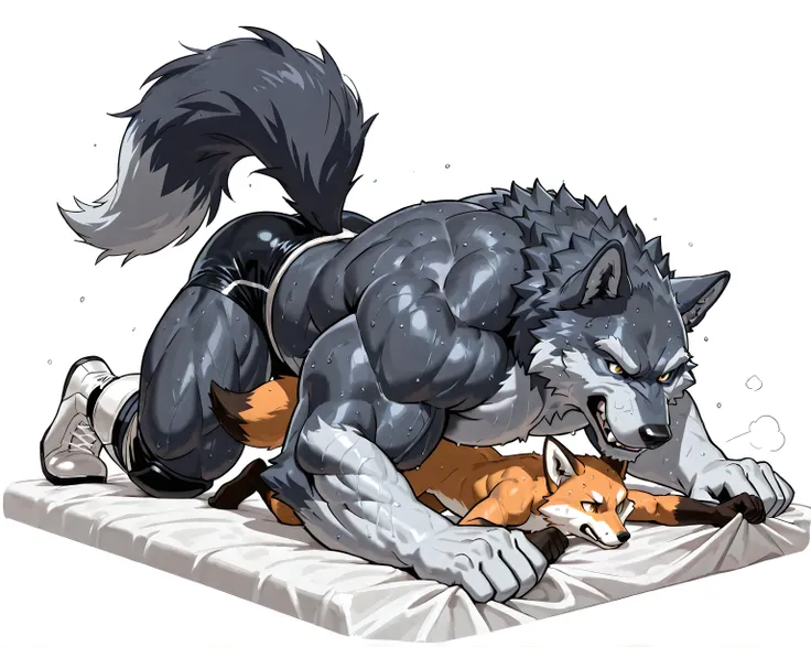 4k ultra quality, 4k full body view, masterpiece quality, wrestling, black wolf, male wolf, male fox, small fox, (big wolf, very muscular, size difference), thick arms, sweaty, (white background, simple background), on bed, pinned