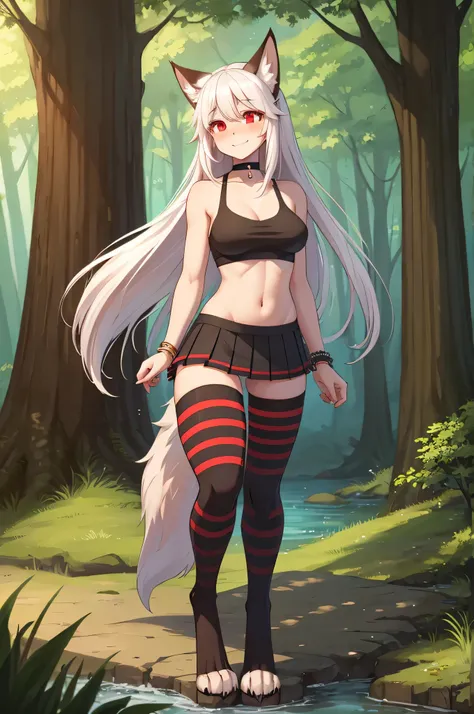 solo, (woman), ((human)), ((wolf tail)), ((werewolf)), ((wolf ears)), ((digitigrade)), ((digitigrade legs)), ((paws)), ((full body)), (fit body), (medium breasts), long hair, white hair, straight hair, (red eyes), ((blushing)), ((happy)), ((surprised expre...