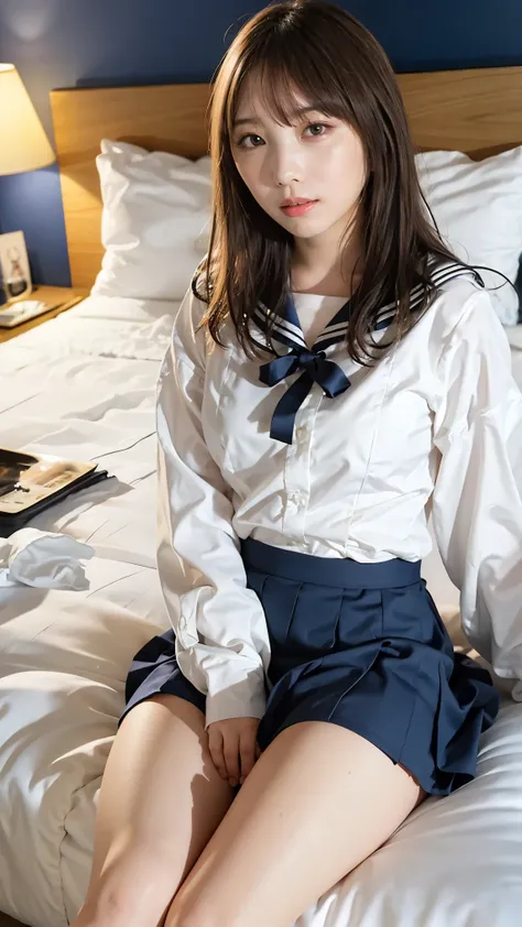  sailor suit,  navy blue skirt,  miniskirt,  white underwear,  open legs, sit,  hotel bed