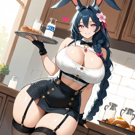 masterpiece,best quality,amazing quality,1girl, grl, solo, large breasts, big boobs:1.4, very long hair, black blue hair, animal ears, animal ear fluff, bracelet, ((braid, one braid)), heart, jewelry, mature female, rabbit-shaped pupils, rabbit ears, rabbi...