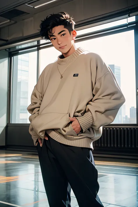  Japanese male　 handsome　 short dark hair  　　short cropped 　　 slim figure　　Oversized Thick Sweaters 　　　　 in a fully glazed training room　　　　 A group of futuristic urban skyscrapers on a cold day outdoors　　　　　 openしたポーズ　smile　　 open　 pose with open crotch　　...