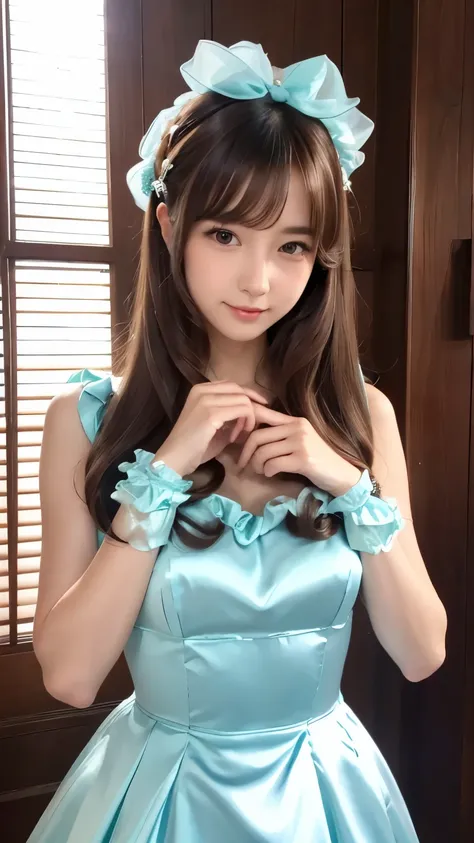 (((Top Quality))), (((Masterpiece))), (((Detail))), tall, looking at camera, face-to-face, mint blue shiny silk satin ruffle girly empire length wedding dress, hands thrust forward, Japanese, brown hair, long hair, gorgeous room,. Gorgeous ribbon hair acce...