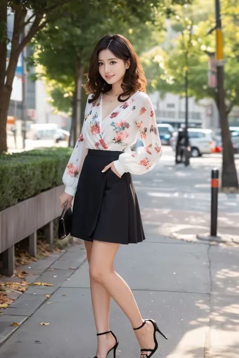  floral white long sleeve top、V-neck、Plain floral pattern 、discreet floral pattern、 see-through long sleeve 、Ruffled Black Knee Length Skirt 、 Black Stilettos、 wearing stilettos、 wearing high heels、 cute、 beauty、28 years old、 apparel clerk、 standing、 in th...