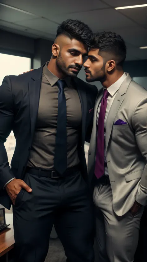 Indian latino Gay couple mouth to mouth kissing in car, wearing a strict business suit, muscular men, business men, gay, tall handsome guys, sexy masculine, well dressed, gentleman, wearing suits!, dressed in a suit, three futuristic princes,Realistic, ((M...